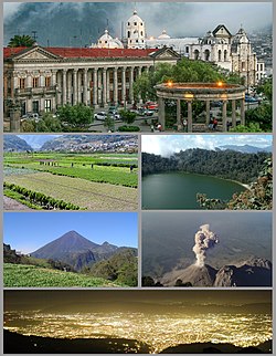 Counterclockwise from top: Quetzaltenango Central Park, Fertile valley of Almolonga, Chicabal Lagoon, Santa Maria Volcano, Santiaguito Volcano & Quetzaltenango at night.