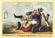 Karikaturtegning fra 1823 av Cruikshank viser franskekongen Ludvig den 18. som prøver «Napoelons støvler» i slaget om Spania.