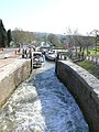 Blick von Kammer 5 nach unten, rechts zur Kanalbrücke über den Orb