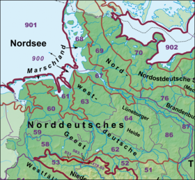 Der Westteil des Norddeutschen Tieflandes mit der Lüneburger Heide (64), deren zentral diagonalen Höhenzug die Hohe Heide einnimmt