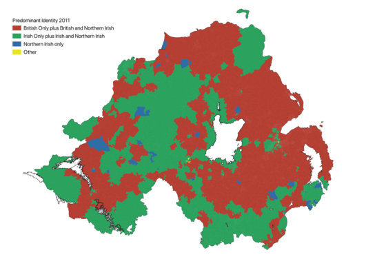 Most commonly selected National Identity in 2011 census, based on 2011 Census "Small Areas". Combinations that include both British and Irish are excluded. "Other" consists of National Identity responses that don't include Irish, British, or Northern Irish in any combination.