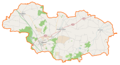 Mapa konturowa powiatu rawickiego, u góry po prawej znajduje się punkt z opisem „Melanowo”