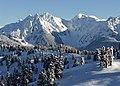 Pyramid Mountain and Spire Peaks to left, Trick Peak (right). Southwest aspect.