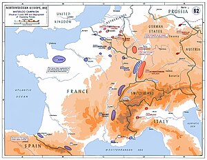 Strategic situation in Western Europe in 1815 : 250,000 Frenchmen faced a coalition of about 850,000 soldiers on four fronts. In addition, Napoleon was forced to leave 20,000 men in Western France to reduce a royalist insurrection.