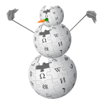 Three Wikipedia globes arranged like a snowperson. Two admin mops are used as arms and the nose is a carrot.