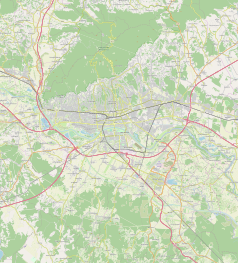 Mapa konturowa Zagrzebia, blisko centrum na lewo znajduje się punkt z opisem „Hrvatski Ragbijaski Savez”