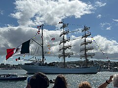 Cuauhtémoc setting off from Falmouth, August 2023, during a Tall Ship race.