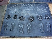 An image of hand and feet impressions in a tile of concrete.