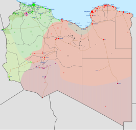 alt= ■ In handen van de Tripoli-regering (GNA) en de Libya Shield Force ■ In handen van de Tobruk-regering (HOR) en het Libyan National Army (LNA) ■ In handen van lokale troepen