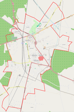 Mapa konturowa Jarocina, blisko centrum u góry znajduje się punkt z opisem „Kościół św. Marcina w Jarocinie”