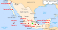 Pasifik ateş çemberi bölgesinde bulunan Meksika'daki yanardağlar kırmızı üçgenle gösterilmiştir