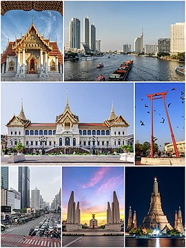 Saat yönünde: Sathon Finans bölgesi paronaması, Wat Arun tapınağı, Dev salıncak, Zafer anıtı, Wat Phra Kaew tapınağı