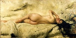 „Die Nackte“. Aktgemälde mit Eisbärfell (Giacomo Grosso (1860–1938))
