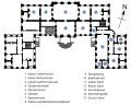 Plattegrond van het centrale deel van het hoofdgebouw, het corps de logis (parterre)