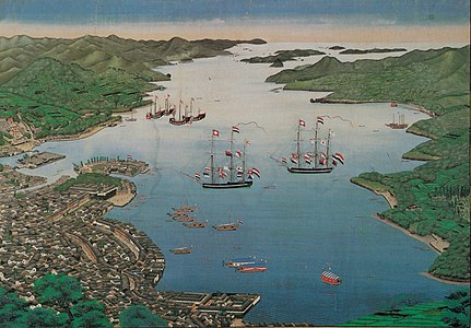 Bird's-eye view of the Nagasaki bay, with the island Dejima at mid-left