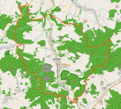 Mapa konturowa Wojcieszowa, blisko centrum na dole znajduje się punkt z opisem „Telewizyjna Stacja Retransmisyjna Góra Miłek”