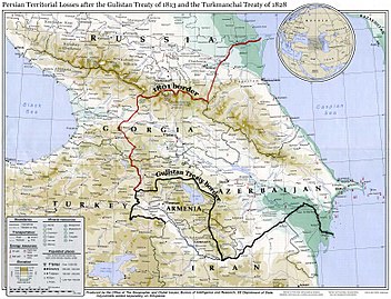 Χάρτης που δείχνει τα βορειοδυτικά σύνορα του Ιράν του 19ου αιώνα, που περιλαμβάνουν τη σύγχρονη ανατολική Γεωργία, το Νταγκεστάν, την Αρμενία και το Αζερμπαϊτζάν, πριν παραχωρηθούν στη γειτονική Ρωσική Αυτοκρατορία μετά τους Ρωσοϊρανικούς Πολέμους.