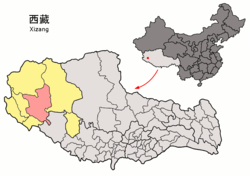 Location of Gê'gyai County (red) within Ngari Prefecture (yellow) and the Tibet Autonomous Region