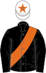 Black, orange sash, white cap, orange star