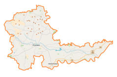 Mapa konturowa powiatu proszowickiego, na dole nieco na prawo znajduje się punkt z opisem „Jaksice”