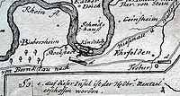 Rheinkartenausschnitt, 1744, mit Anmerkung: „e. auf dieser Insul ist der He. Obr. Mentzel erschossen worden“. Der heutige Kühkopf ist hier noch eine Halbinsel mit vorgelagerter, kleiner Rheininsel