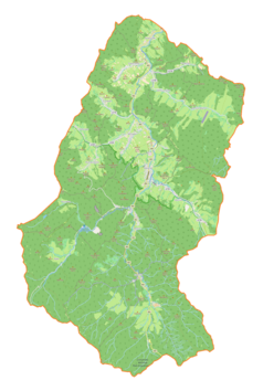 Mapa konturowa gminy Baligród, u góry po prawej znajduje się punkt z opisem „Żernica Wyżna”