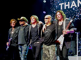 Europe on stage in Stockholm 2016. From left to right: John Levén, Mic Michaeli, Joey Tempest, Ian Haugland and John Norum.