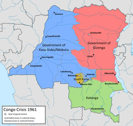 Congo in 1961. Het groene gebied stond onder controle van Katanga.