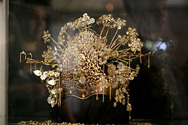 A traditional Indonesian women's head-dress; jamang or siger crown and kembang goyang