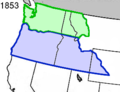 The Washington Territory (green) and the Oregon Territory (blue) in 1853