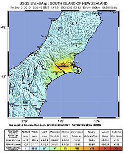 A rengés intenzitása az USGS térképén