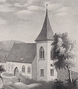 Uffkirche von Süden, um 1830. Links an der Langhauswand 2 Renaissance-Epitaphe.