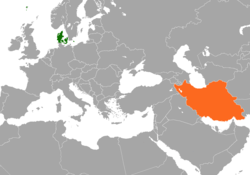 Map indicating locations of Denmark and Iran