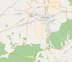 Mapa konturowa Dobrodzienia, u góry nieco na prawo znajduje się punkt z opisem „Parafia św.Marii Magdaleny w Dobrodzieniu”