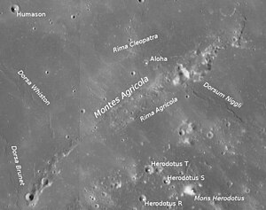 Humason (links oben) und die Montes Agricola (LROC-WAC)