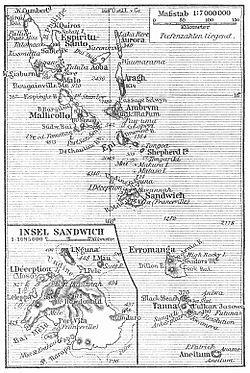 1905 map of New Hebrides, still showing Franceville as alternative name for Port Vila