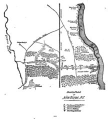 Map prepared for General Branch, showing his defensive lines. New Bern is off the map at the top; the Federal advance would be from the bottom. The Neuse River flows from top to bottom on the right; the left is limited by Bryce Creek, roughly parallel to the river. The Beaufort–New Bern railroad bisects the image vertically. The defense on the right is a straight line from the river to the railroad, about 3/4 of the distance from the top. From the railroad to Bryce Creek, the line of defense follows another small creek. The right and left halves of the defensive line are offset at the railroad. The land is covered by woods except immediately in front of the lines, where the timber has been felled.