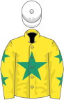 Yellow, emerald green star, stars on sleeves, white cap