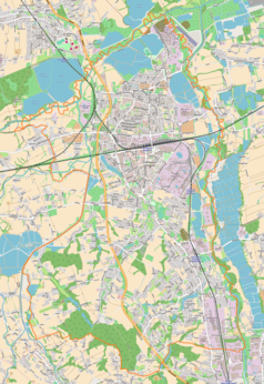 Mapa konturowa Czechowic-Dziedzic, na dole po prawej znajduje się punkt z opisem „Elektrociepłownia Bielsko-Północ”