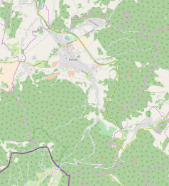 Mapa konturowa Kowarów, u góry znajduje się punkt z opisem „Park Miniatur Zabytków Dolnego Śląska”