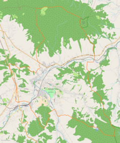 Mapa konturowa Rabki-Zdroju, blisko centrum na prawo znajduje się punkt z opisem „Rabka Zaryte”