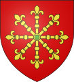 Arms of the town of Louvil in France: Gules, an escarbuncle Or pierced vert.