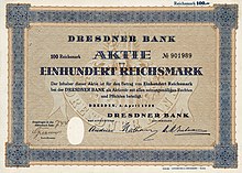 Aktie der Dresdner Bank vom 3. April 1928 mit den Unterschriften von Franz Friedrich Andreae, Henry Nathan und Herbert M. Gutmann