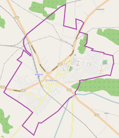 Mapa konturowa Działdowa, blisko centrum na dole znajduje się punkt z opisem „Działdowo”