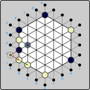 (3b) White could have introduced the piece on A2 instead, then pushed to B2  (W)A2→B2 , with the same result. However, placing on A2 opens up the option to push to B3 instead  (W)A2→B3 , displacing the black piece to C4.