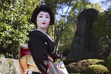 Barely shows the item's signature elements; furthermore this is a geiko, so poorly representative, being a glammed-up version of a quite specific period of 19th century style