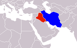 Iran (blauw) en Irak (rood).