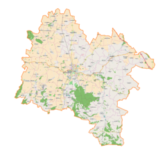 Mapa konturowa powiatu strzelińskiego, blisko centrum po lewej na dole znajduje się punkt z opisem „Szczodrowice”