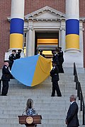 Maryland State House Ukraine Solidarity Vigil, note different shades of blue and yellow (2022)