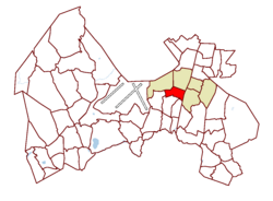 Location on the map of Vantaa, with the district in red and the major region in light brown